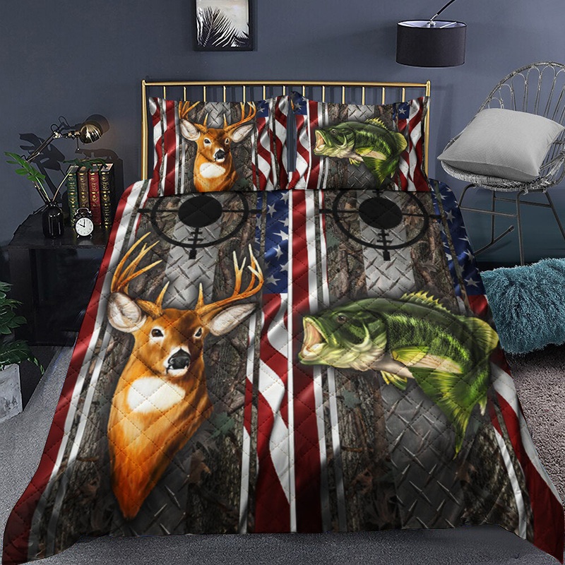 Bass And Buck Deer Camo Flag Cornhole Quilt Bedding Set TL011001