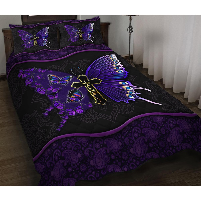 Butterfly Faith Christian Cross Quilt Bedding Set HN011001T