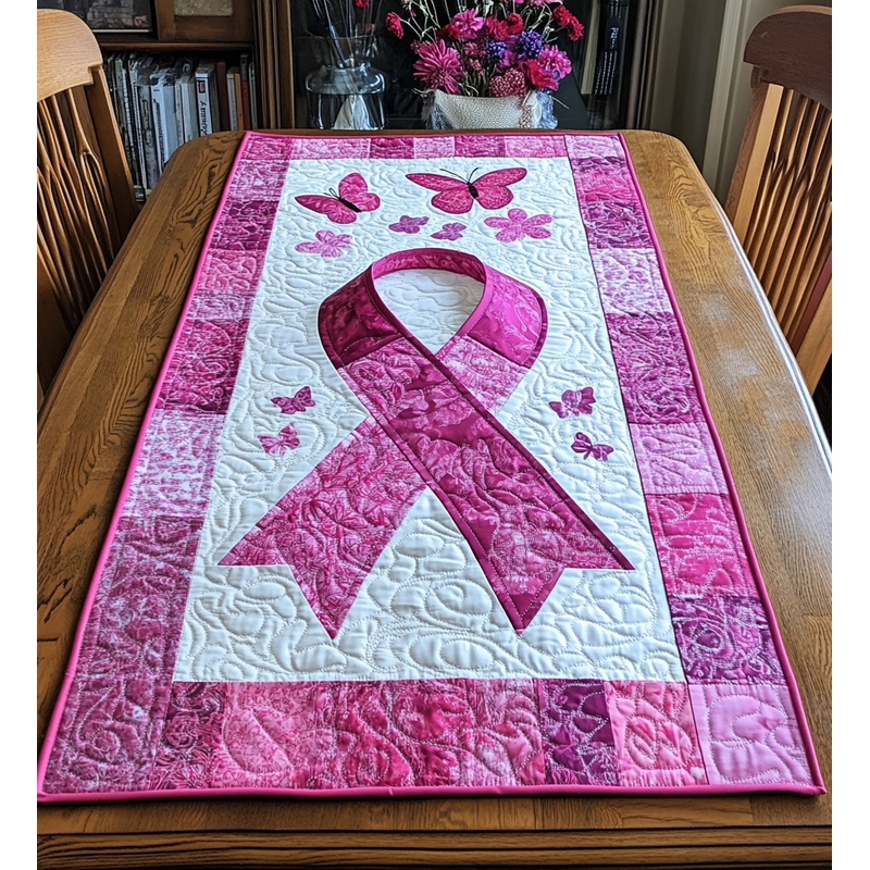 Butterfly Breast Cancer Ribbon DAI281124182 Quilted Table Runner