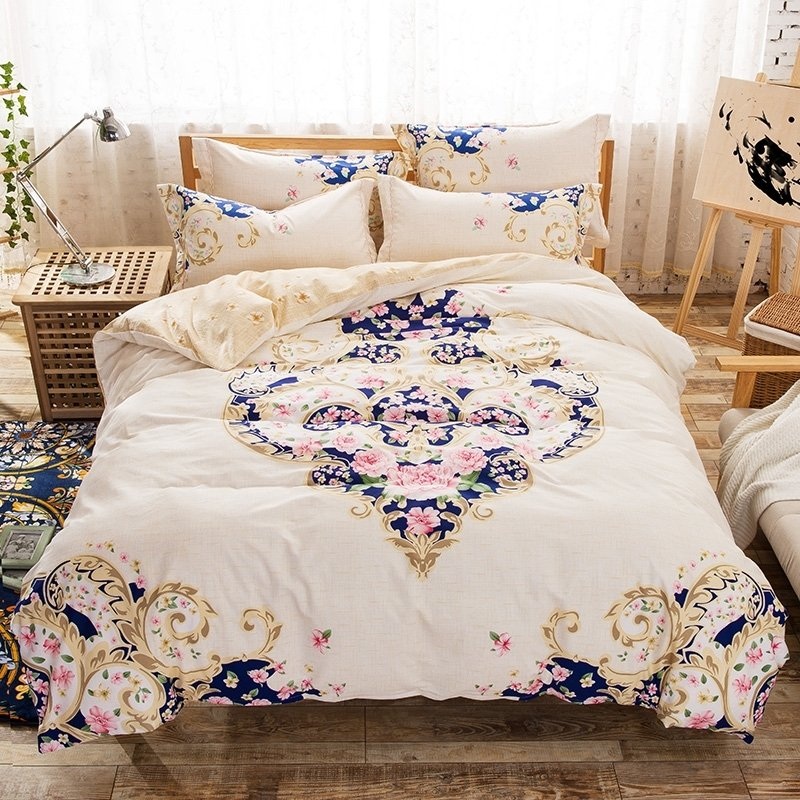 Beige Camel Pink And Royal Blue Rococo Pattern Abstract Design Boho Chic Western Style CLA1210081B Bedding Sets