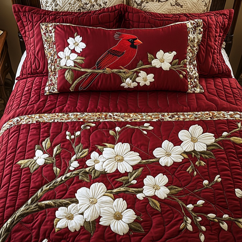 Cardinal On Blossom Branch TAI101224455 Quilt Bedding Set