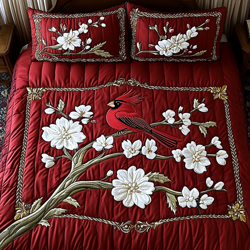 Cardinal On Blossom Branch TAI101224458 Quilt Bedding Set